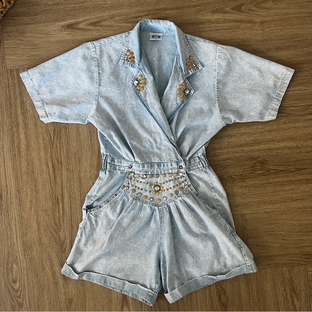 Vintage 80's Rio Inc. Trademark  Jeweled Denim Acid Romper Jumpsuit Size S